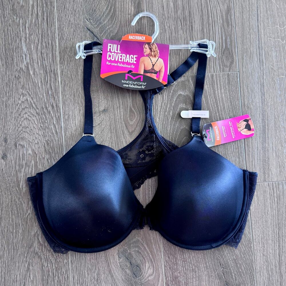 Maidenform One Fab Fit Bra Full Coverage Racerback Black Lace Satin 42D 7112